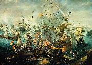 WIERINGEN, Cornelis Claesz van explosion of the Spanish flagship during the Battle of Gibraltar oil on canvas